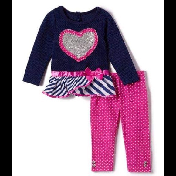 Nannette Blue Sequin Heart Top & Pink Leggings Set